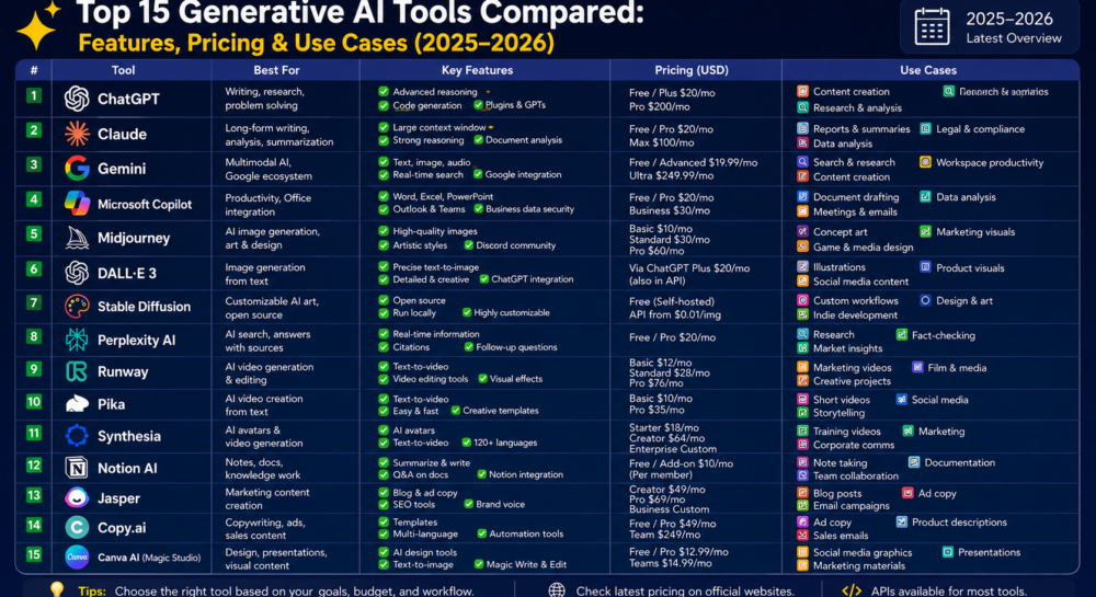 Top 15 Generative AI Tools Compared Features, Pricing & Use Cases (2025–2026)