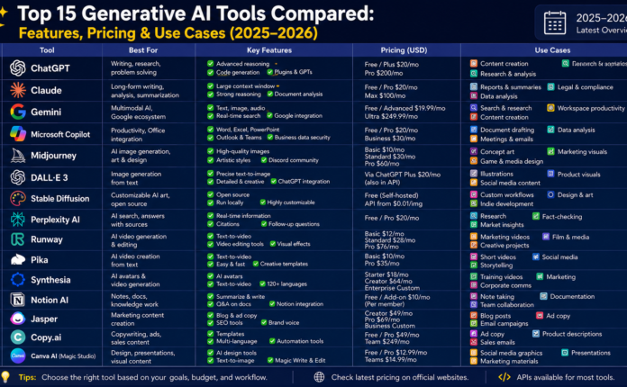Top 15 Generative AI Tools Compared Features, Pricing & Use Cases (2025–2026)