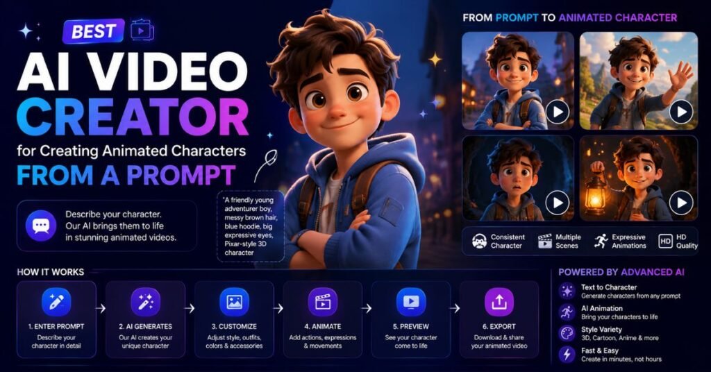 Best AI video creator for creating animated characters from a prompt